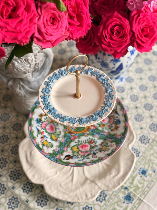 Wedgwood Queensware, Famille Rose & Bordallo Beige Cabbage Tiered Stand – 12” Base Serving Stand, Blue White Floral Vintage Inspired Dessert Stand