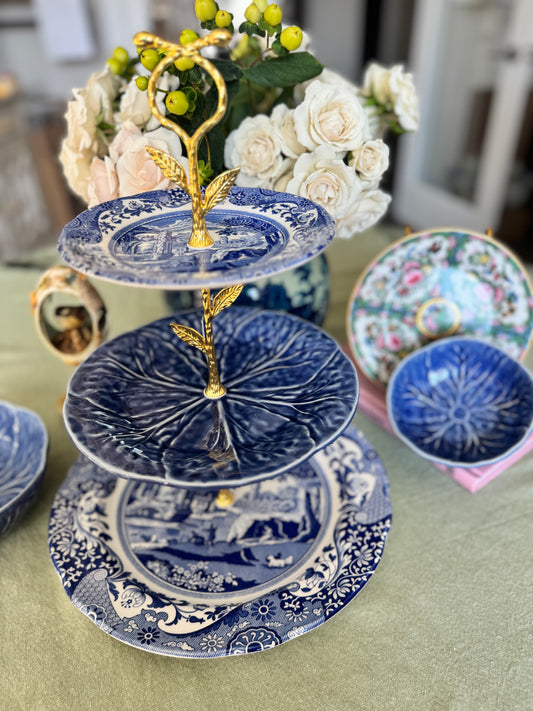 Spode Blue Italian and Blue Cabbageware Three Tiered Stand
