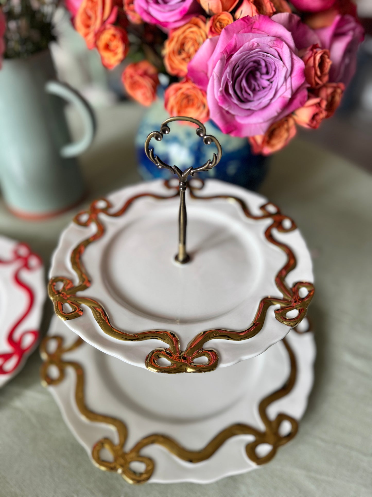 Anthropologie Benedita Bow Metallic Gold Tiered Stand – Luxury Dessert & Serving Tray