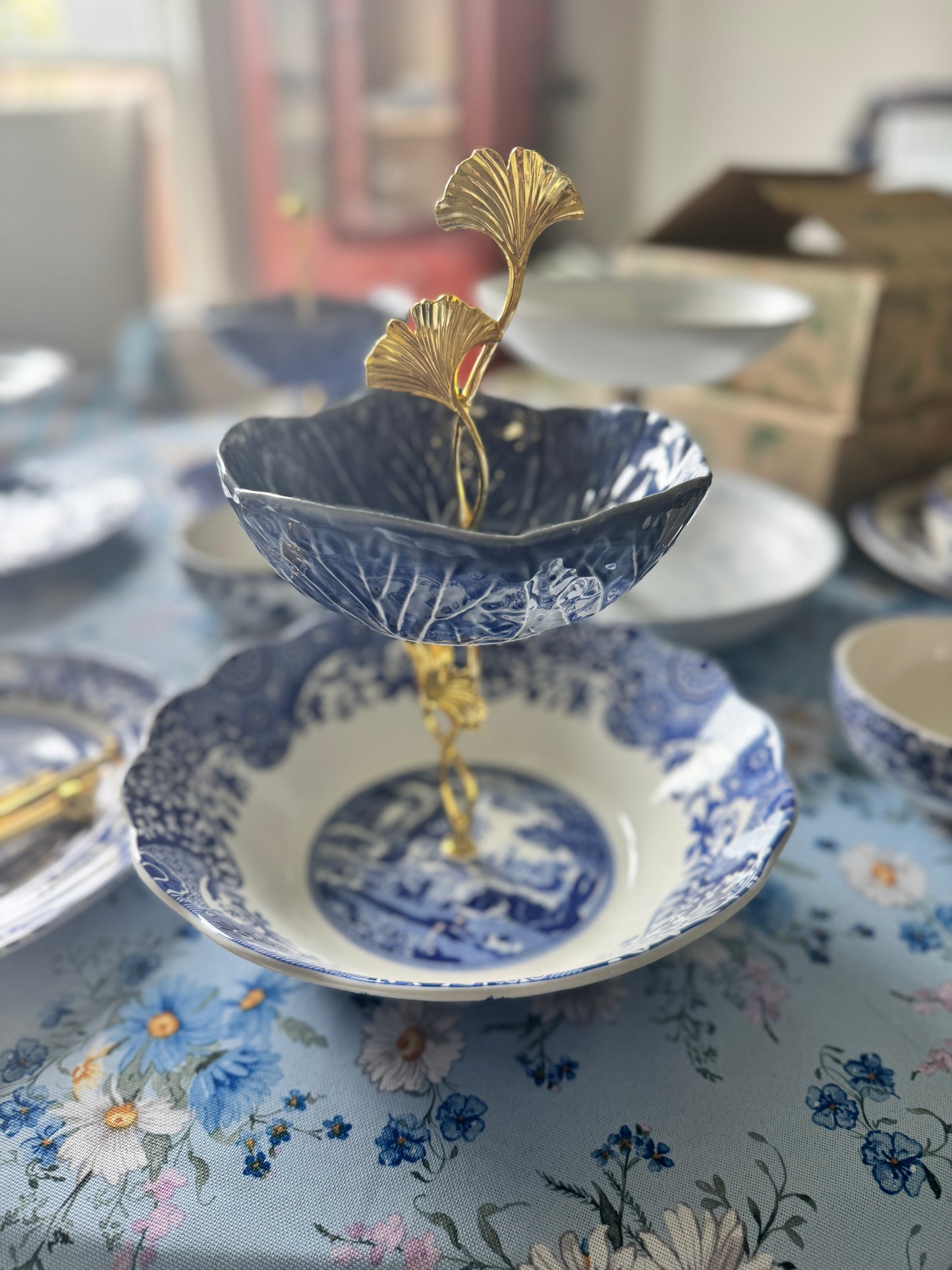 Blue Cabbage and Spode Blue Italian Tiered Stand – 2-Tier Handcrafted Serving Tray