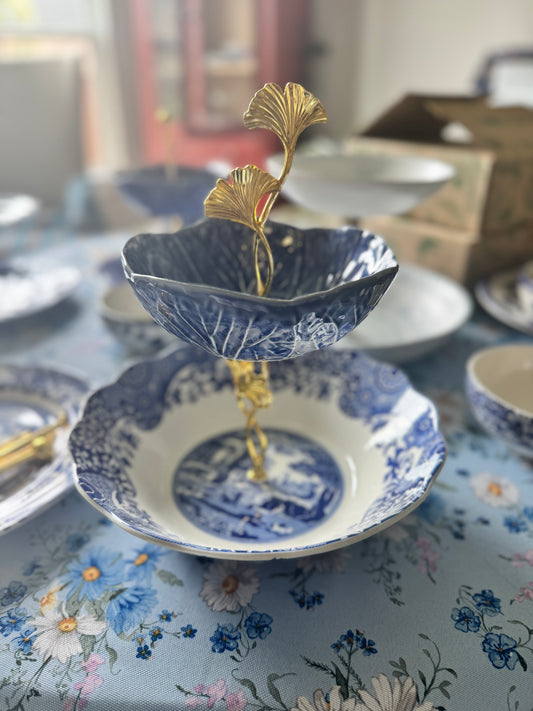 Blue Cabbage and Spode Blue Italian Tiered Stand – 2-Tier Handcrafted Serving Tray