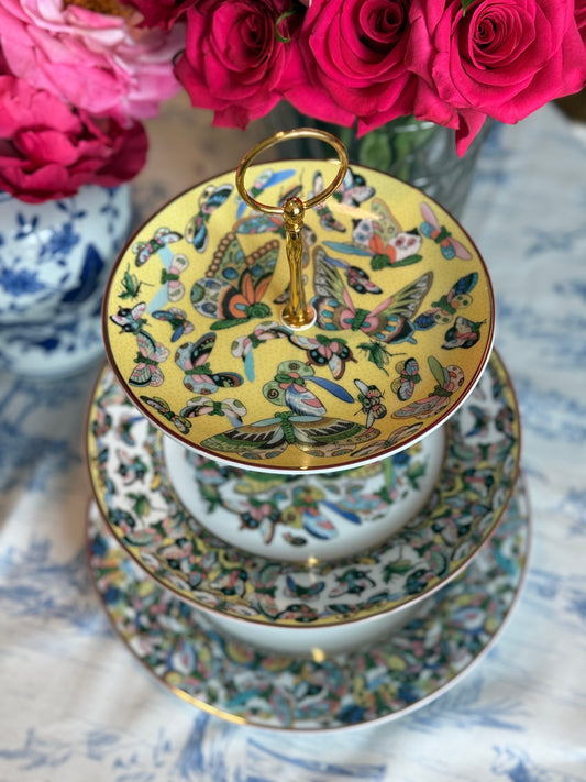 Williams Sonoma Papillon Three-Tiered Stand Inspired by Chinese Export “Thousand Butterflies” Porcelain- Yellow
