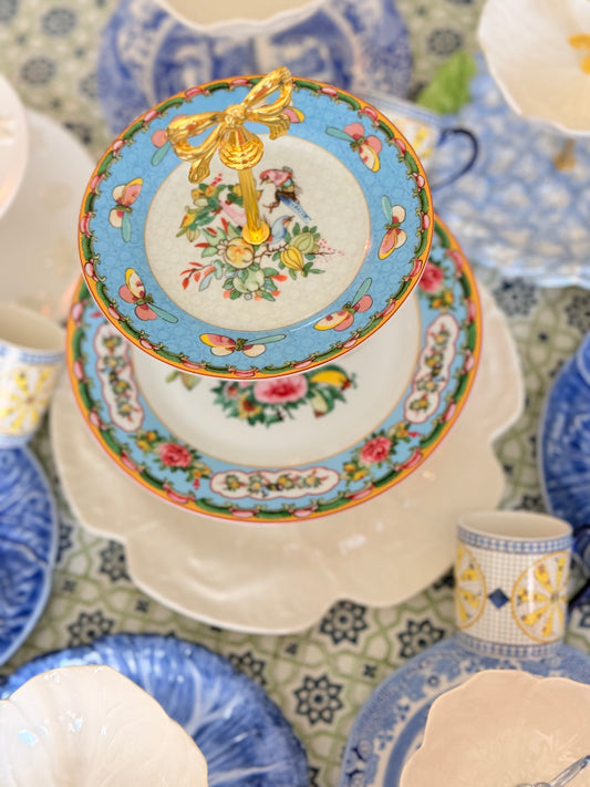 Williams Sonoma Famille Rose Blue and Bordallo Beige Charger Three Tiered Stand (12 inch base)