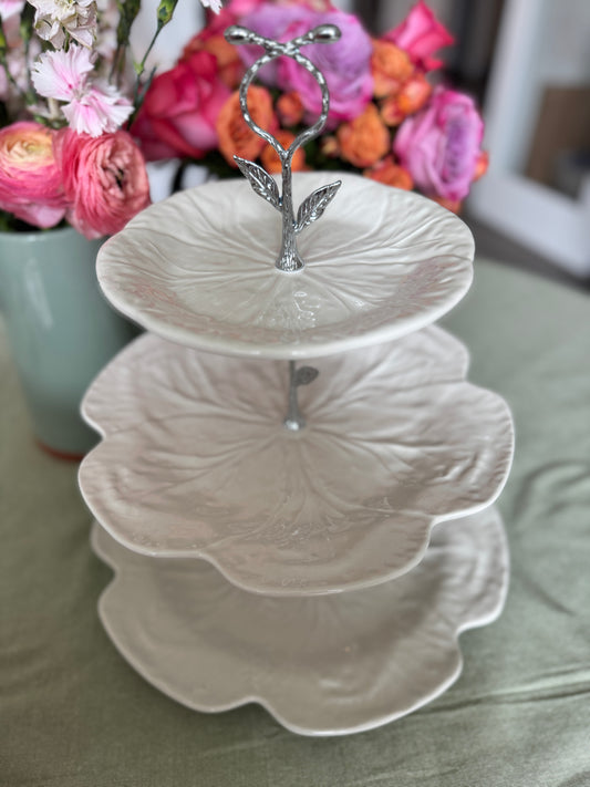 Bordallo Beige Cabbage Three Tiered Stand with Charger Base | Authorized Bordallo Retailer