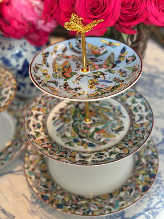 Williams Sonoma Papillon Three-Tiered Stand Inspired by Chinese Export “Thousand Butterflies” Porcelain- Blue