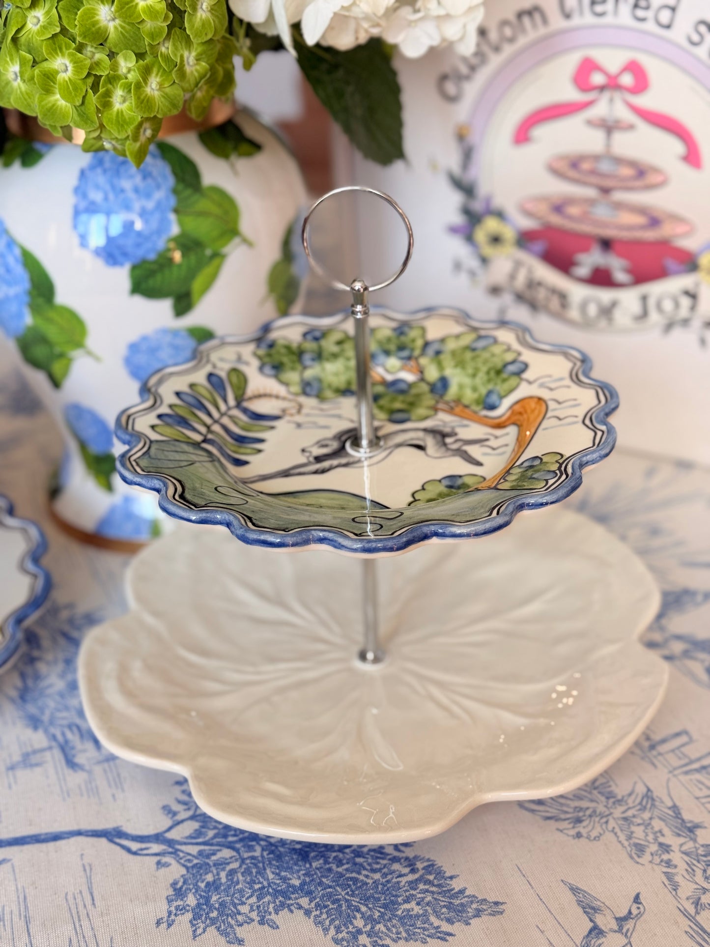 CE Corey Le Lapin and Bordallo Cream Cabbage Two Tiered Stand