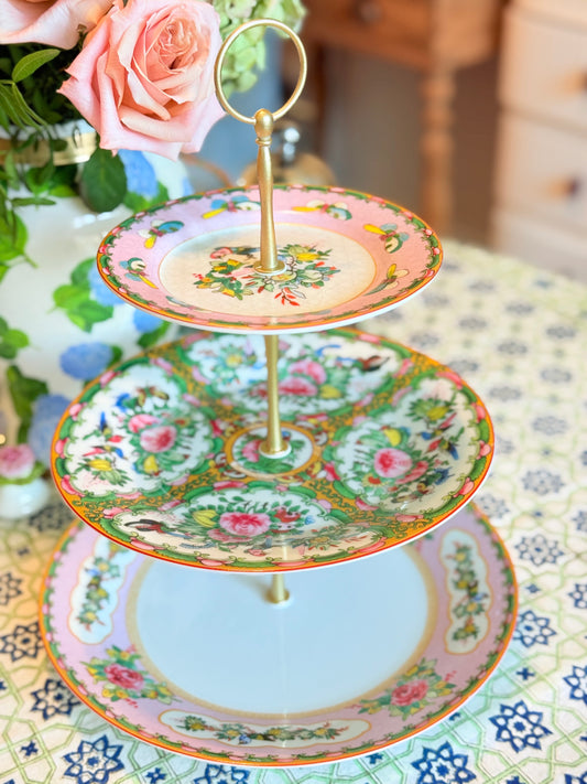 Famille Rose Pink and Rose Canton Three Tiered Stand