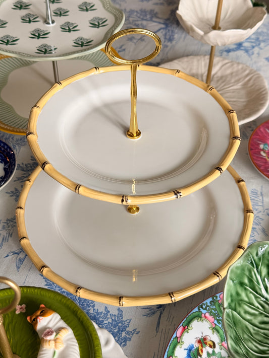 Bamboo Rim Stoneware Two Tiered Stand | Neutral Entertaining Stand with Gold Hardware | 11 Inch Base Plate