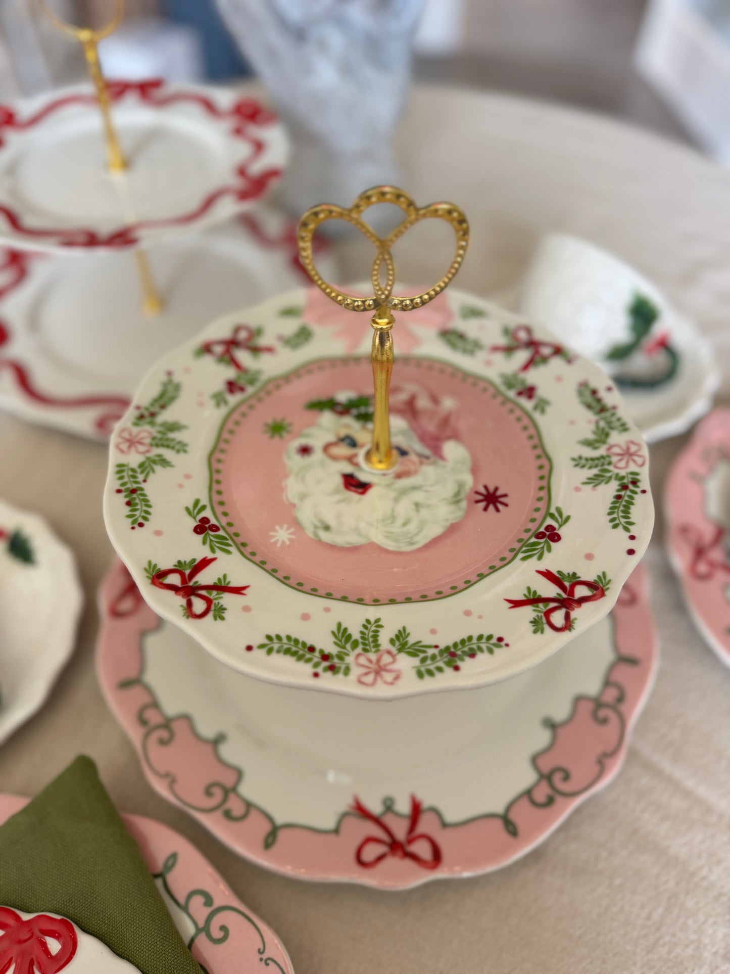 Sweet Christmas Pink Santa Two Tiered Stand