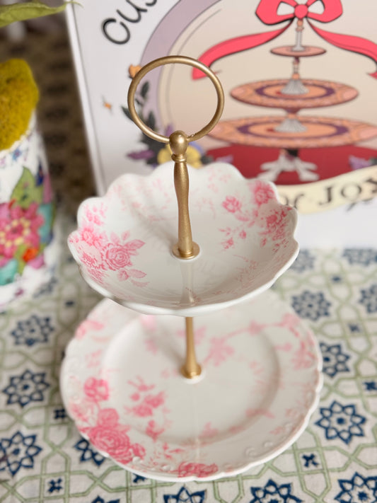 LoveShackFancy Petite Tiered Stand – Pink Floral Mini Dessert Stand – Jewelry Holder – 6.5” Base