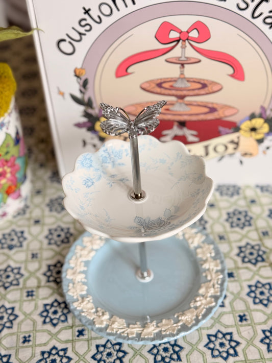 LoveShackFancy Blue and Wedgwood Queensware Petite Tiered Stand- Jewelry Holder – 6.5” Base