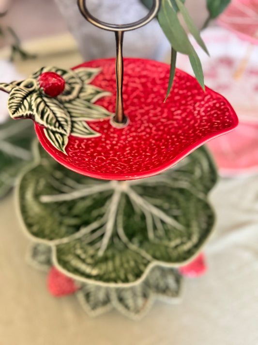 Bordallo Strawberry and Cabbage 3-Tier Stand with 13-Inch Base – Handcrafted Serving Tray for Entertaining, Desserts, and Tea Parties