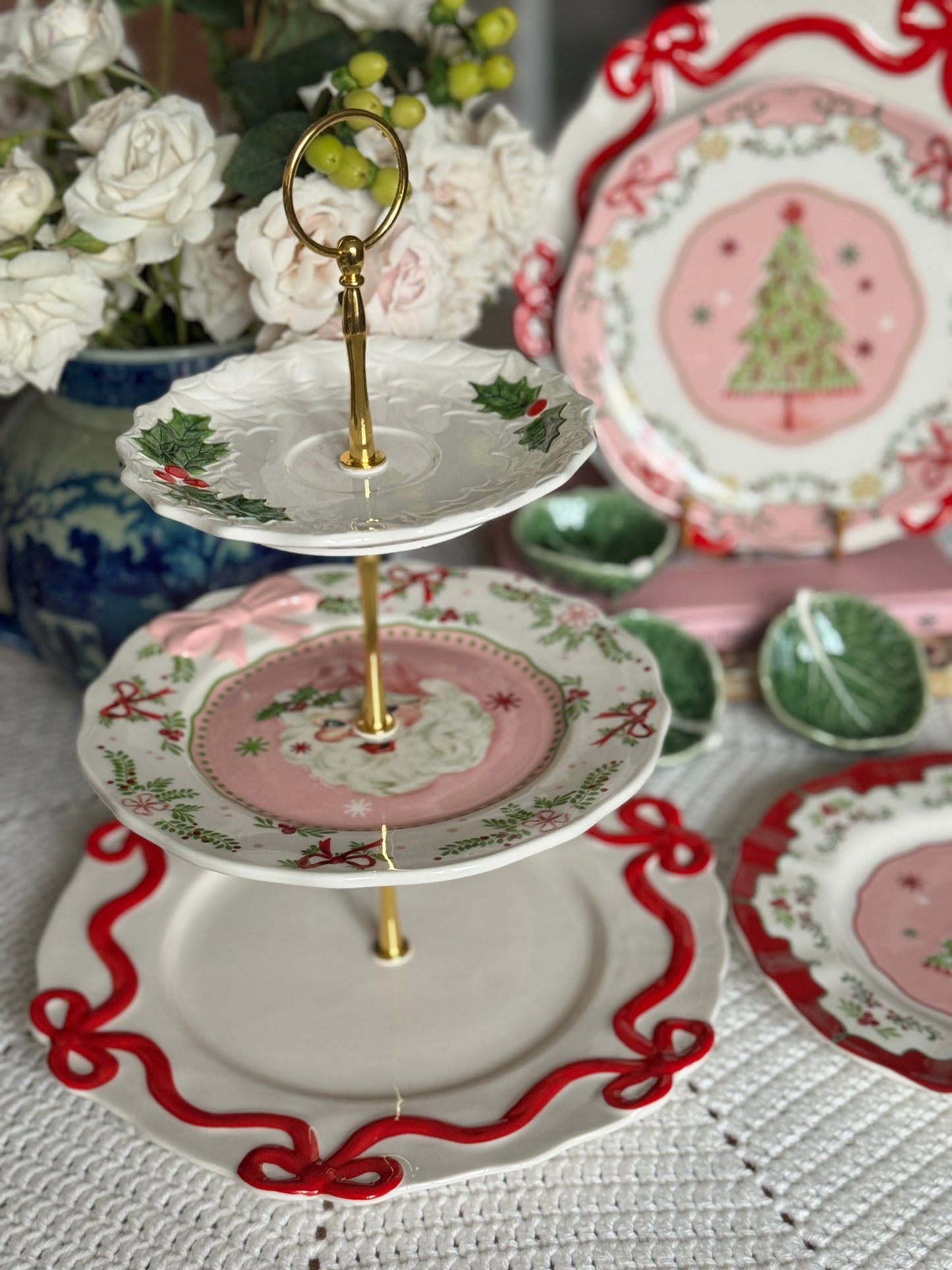 Christmas Tiered Stand – Holly, Santa, and Red Bow Plates for Holiday Entertaining & Dessert Display