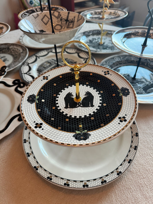 Anthropologie Bistro Tile Halloween Tiered Stand – Black Cat 2-Tier Server