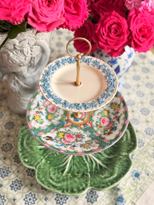 Wedgwood Queensware, Famille Rose & Bordallo Cabbage Tiered Stand – 12” Base Serving Stand, Blue White Floral Vintage Inspired Dessert Stand