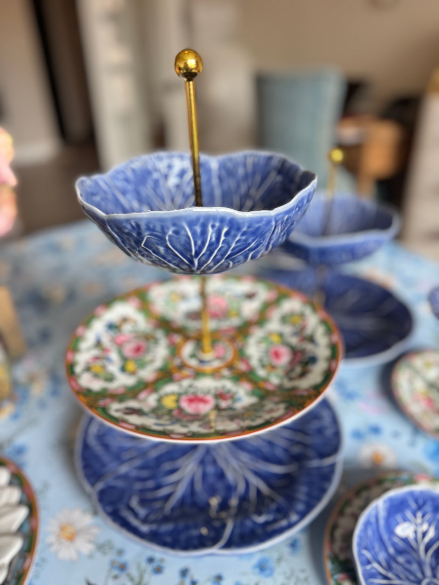 Three-Tier Blue Cabbageware and Rose Canton Dessert Stand