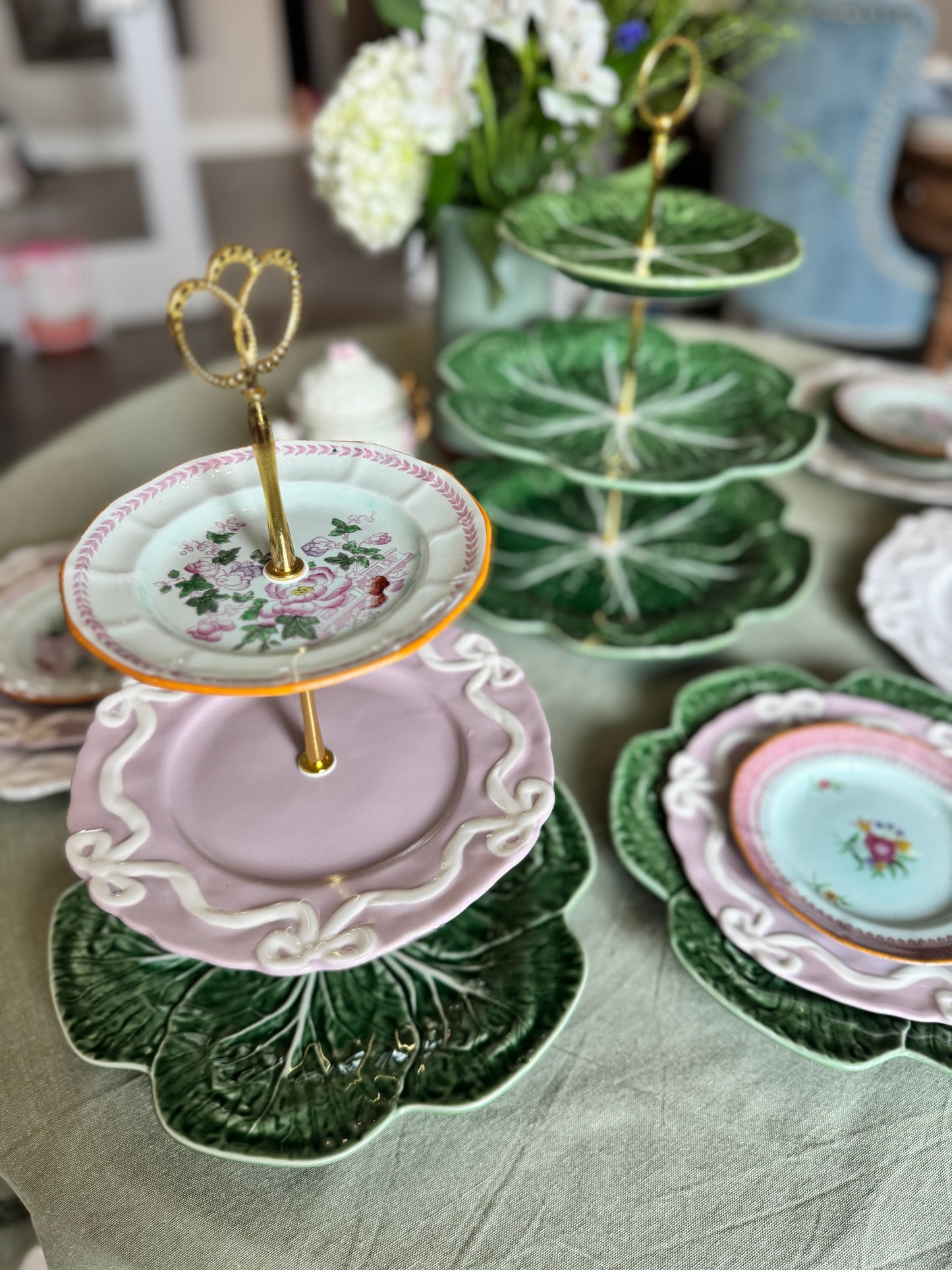 Adam’s Calix, Anthropologie Benedita Bow & Bordallo Cabbage Tiered Stand – Vintage & Designer China