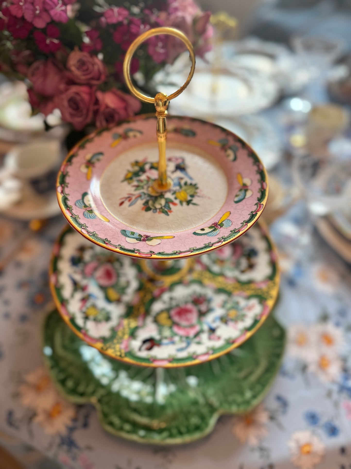 Famille Rose and Bordallo Charger Three tiered stand