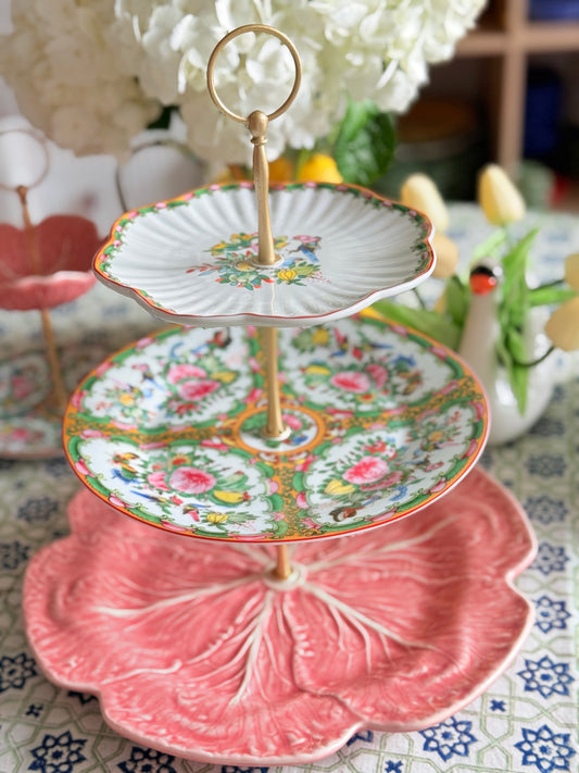 Famille Rose Tiered Stand with Bordallo Pinheiro Pink Cabbage Charger – Handcrafted 3-Tier Serving Stand (12” Base)