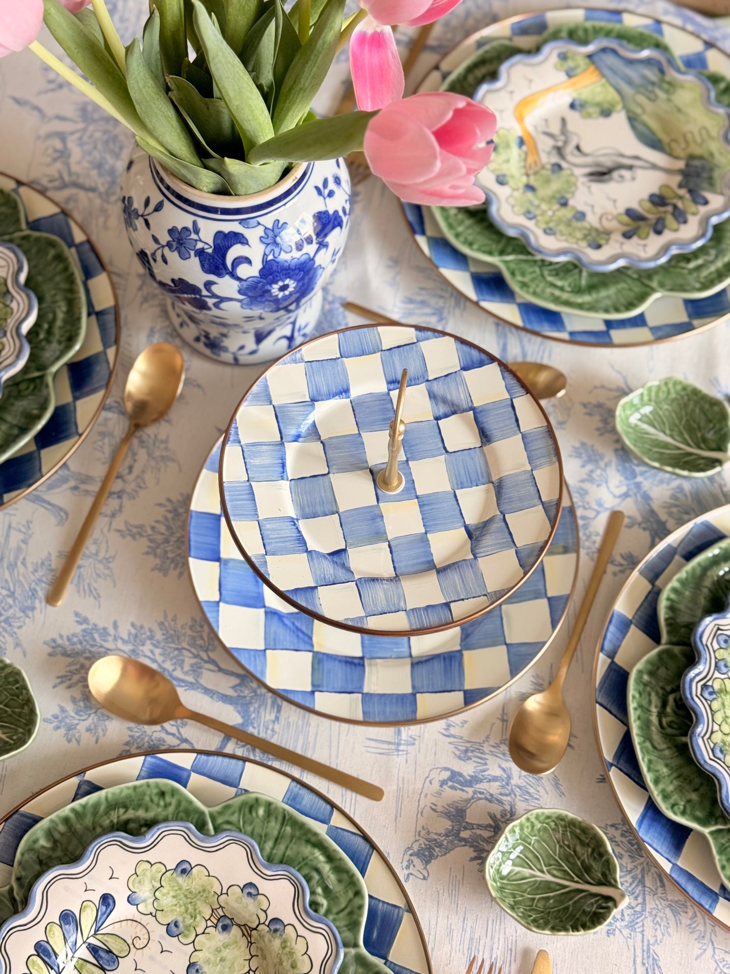 Mackenzie-Childs Blue Check Tiered Stand | Handcrafted with Authentic Plates | Two-Tier Serving Stand for Entertaining