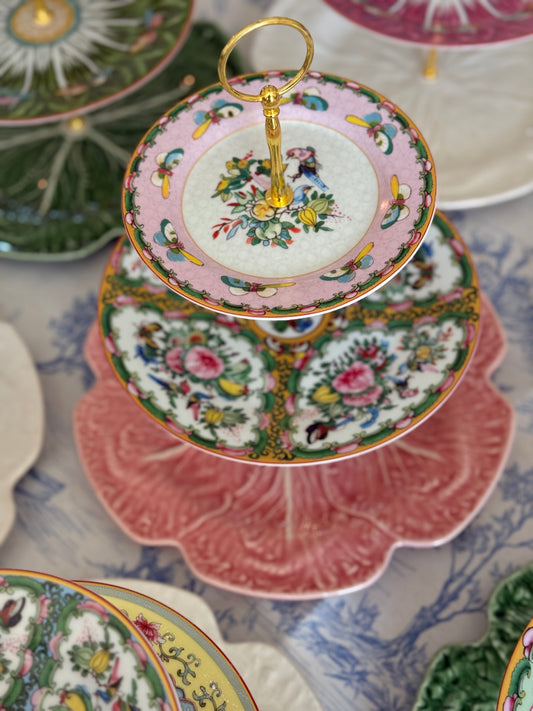 Pink Bordallo Cabbage and Famille Rose Three Tiered Stand