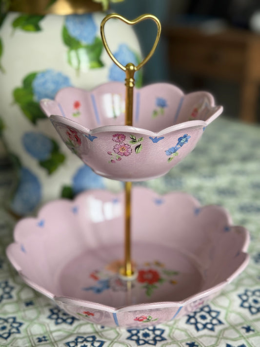 Kid Friendly- Pink Floral Two Tiered Stand - Perfect for Food and Play!