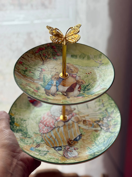 Peter Rabbit Two-Tiered Stand – Beatrix Potter Spring Storybook Dessert Stand (8.5” Base Plate) Food Safe
