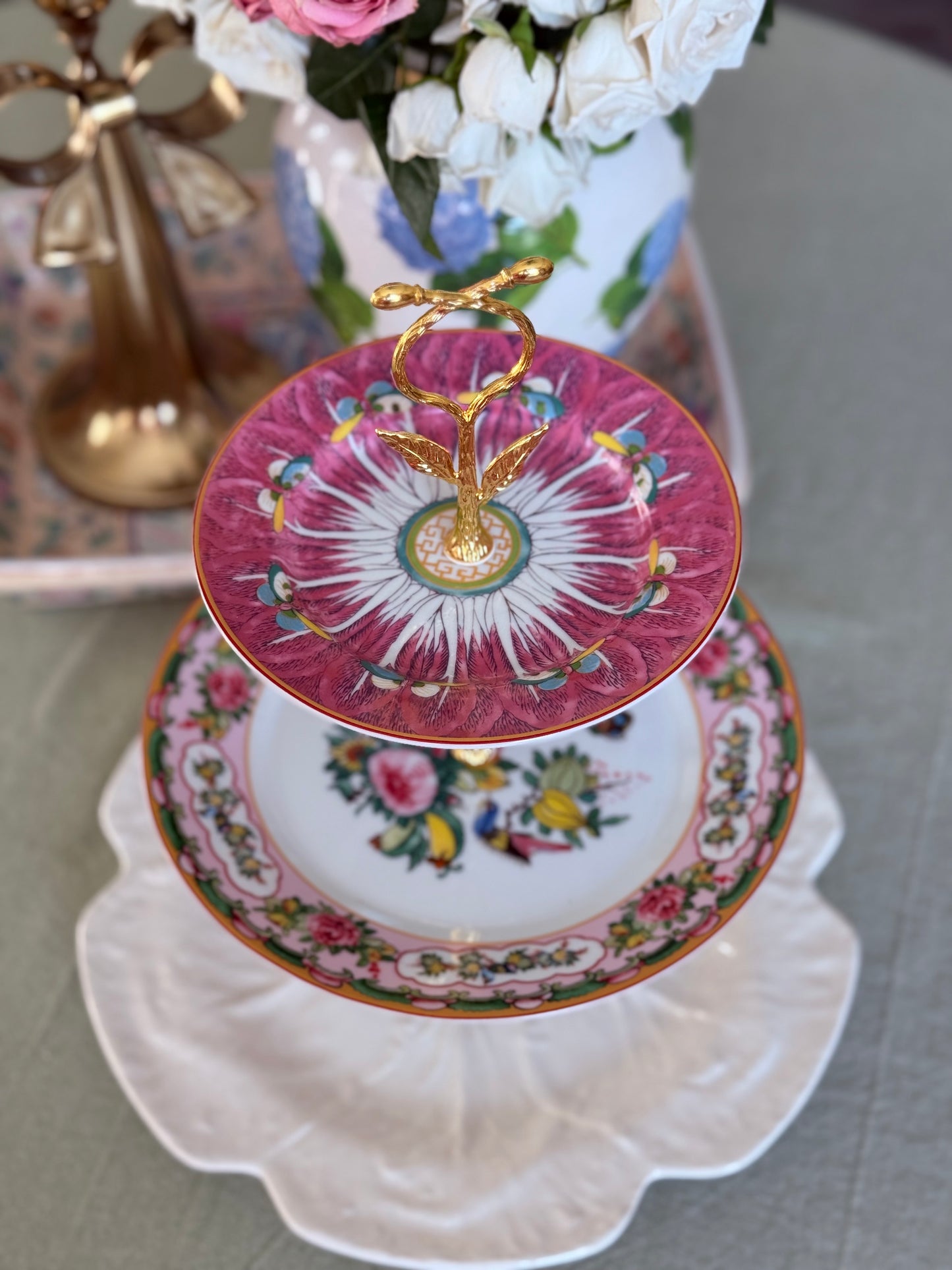 Bordallo Cabbage and Williams Sonoma Famille Rose Three Tiered Stand- Pink Bok Choy