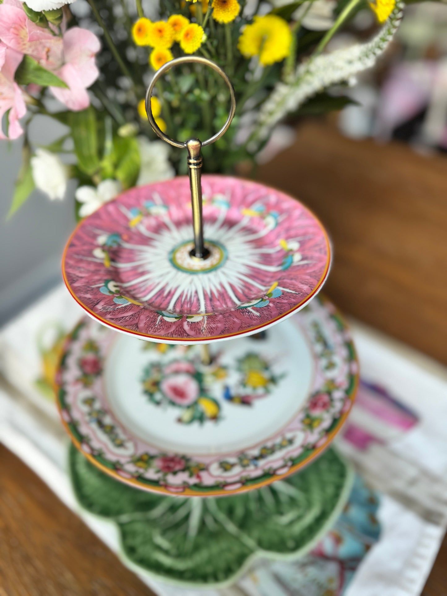 Three-Tier Serving Stand with Famille Rose, Bok Choy Floral, and Bordallo Cabbage Plates – Elegant Hostess Tray