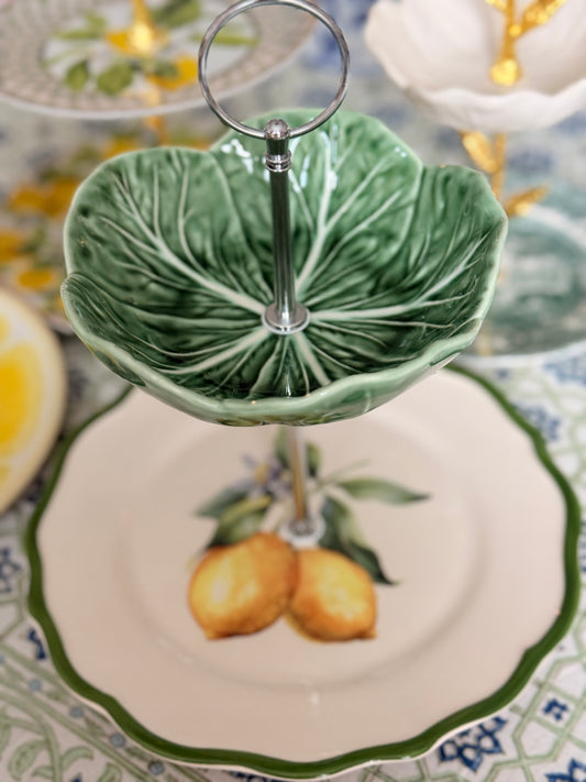 Lemon & Bordallo Cabbage Tiered Stand – 2 Tier Serving Stand with 9” Base Plate
