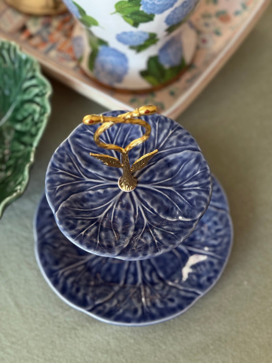 Blue Cabbage Two-Tier Stand with Gold Handle – 7.5” Base | Handcrafted Custom Stand
