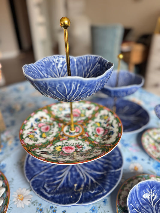 Three-Tier Blue Cabbageware and Rose Canton Dessert Stand