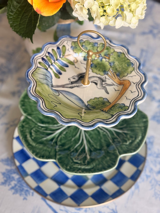 Le Lapin, Bordallo Cabbage and Mackenzie Childs Blue Check Three Tiered Stand (13” base)