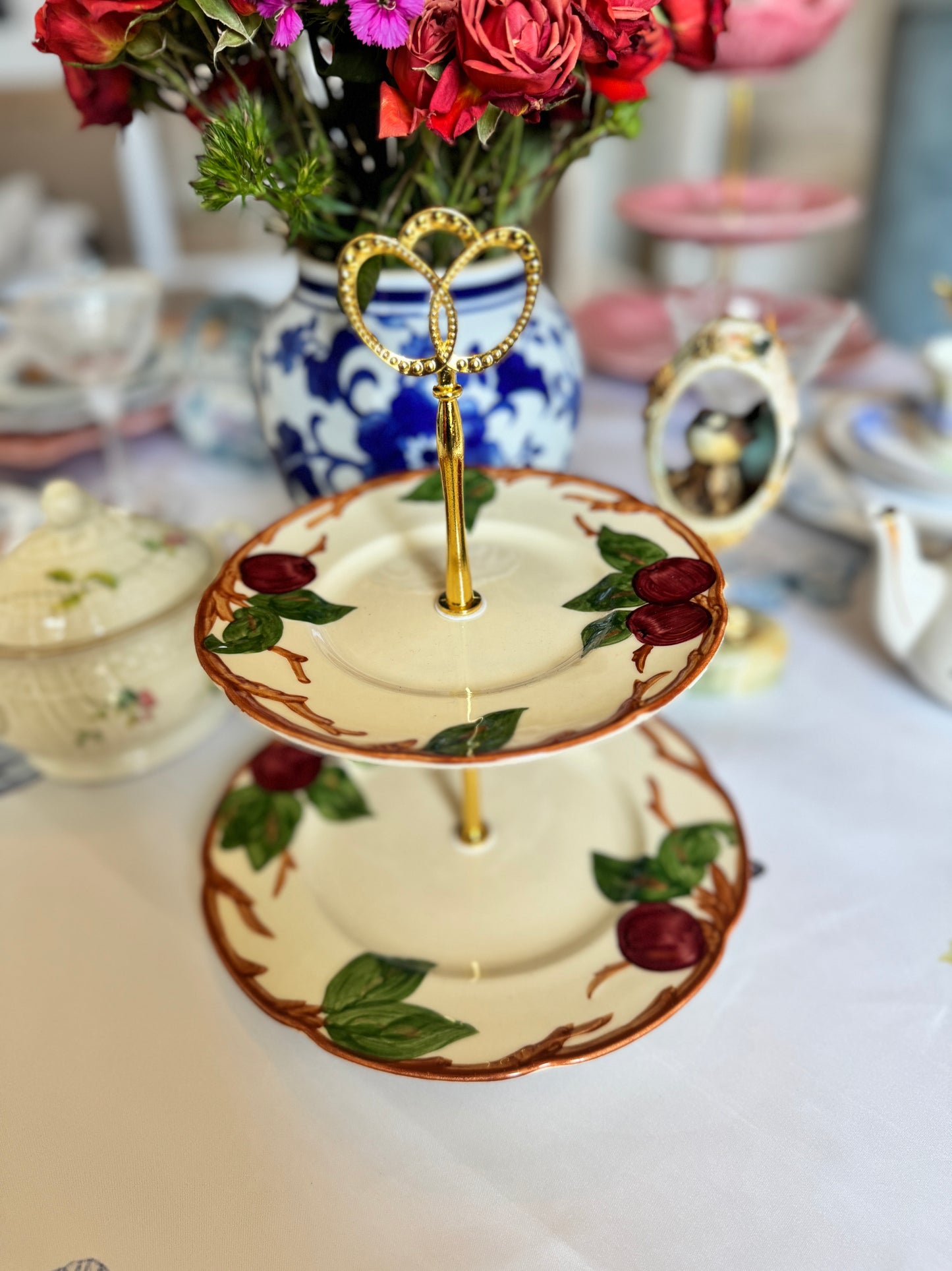 Franciscan Apple Blossom Two Tiered Stand – Vintage Hand-Painted Plate Stand for Entertaining or Gifting