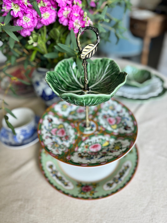 Bordallo Pinheiro Cabbage 🥬 and Famille Rose Three Tiered Stand