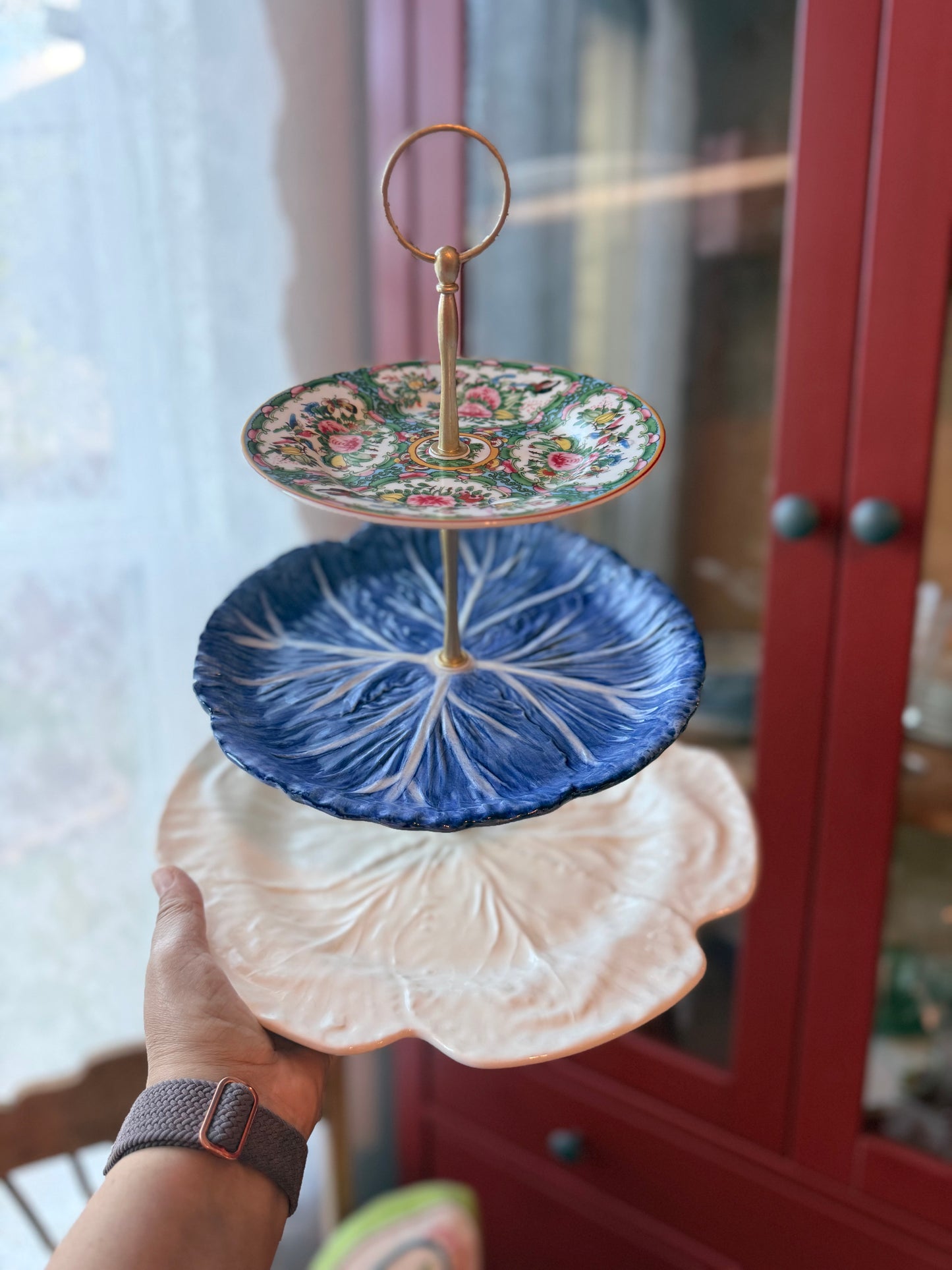 Famille Rose & Blue Cabbage Tiered Stand with Bordallo Charger
