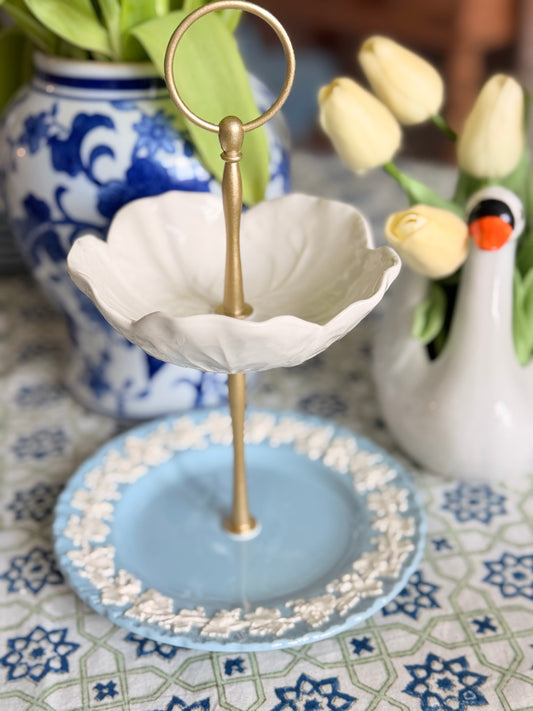 Bordallo Cabbage Bowl & Wedgwood Petite Tiered Stand– Blue and White Cottage Decor