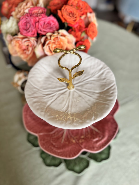 Bordallo Geranium, Pink Cabbage, and White Cabbage 3-Tiered Stand – Handcrafted Serving & Display Piece