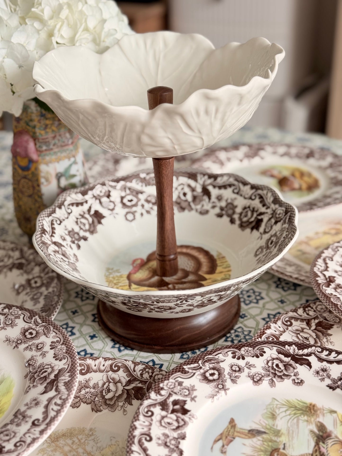 Spode Woodland Turkey and Bordallo Cabbage Collector Tiered Stand with Hand Carved Wood Base