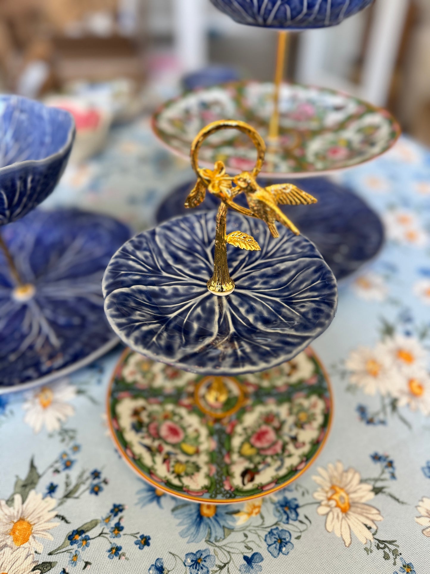 Blue Cabbageware and Rose Canton Two Tiered Stand with Exclusive Gold Bird Hardware