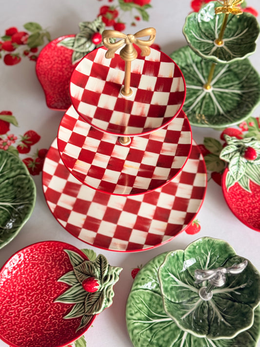 MacKenzie-Childs Cherry Check Tiered Stand with Gold Bow Handle | Authentic Handcrafted Dessert Stand | Red Check Serving Tray