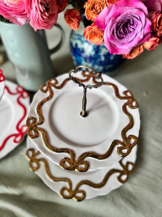 Anthropologie Benedita Bow Metallic Gold Tiered Stand – Luxury Dessert & Serving Tray