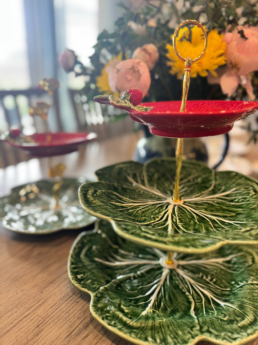 Three Tier Bordallo Cabbage Stand with Strawberry Plate – Handcrafted Botanical Serving Tray