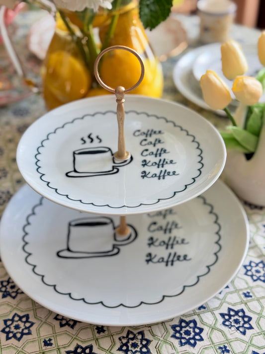 Black & White Coffee Doodle Tiered Stand | UK Artist Plates Dessert Stand | 2-Tier Serving Stand
