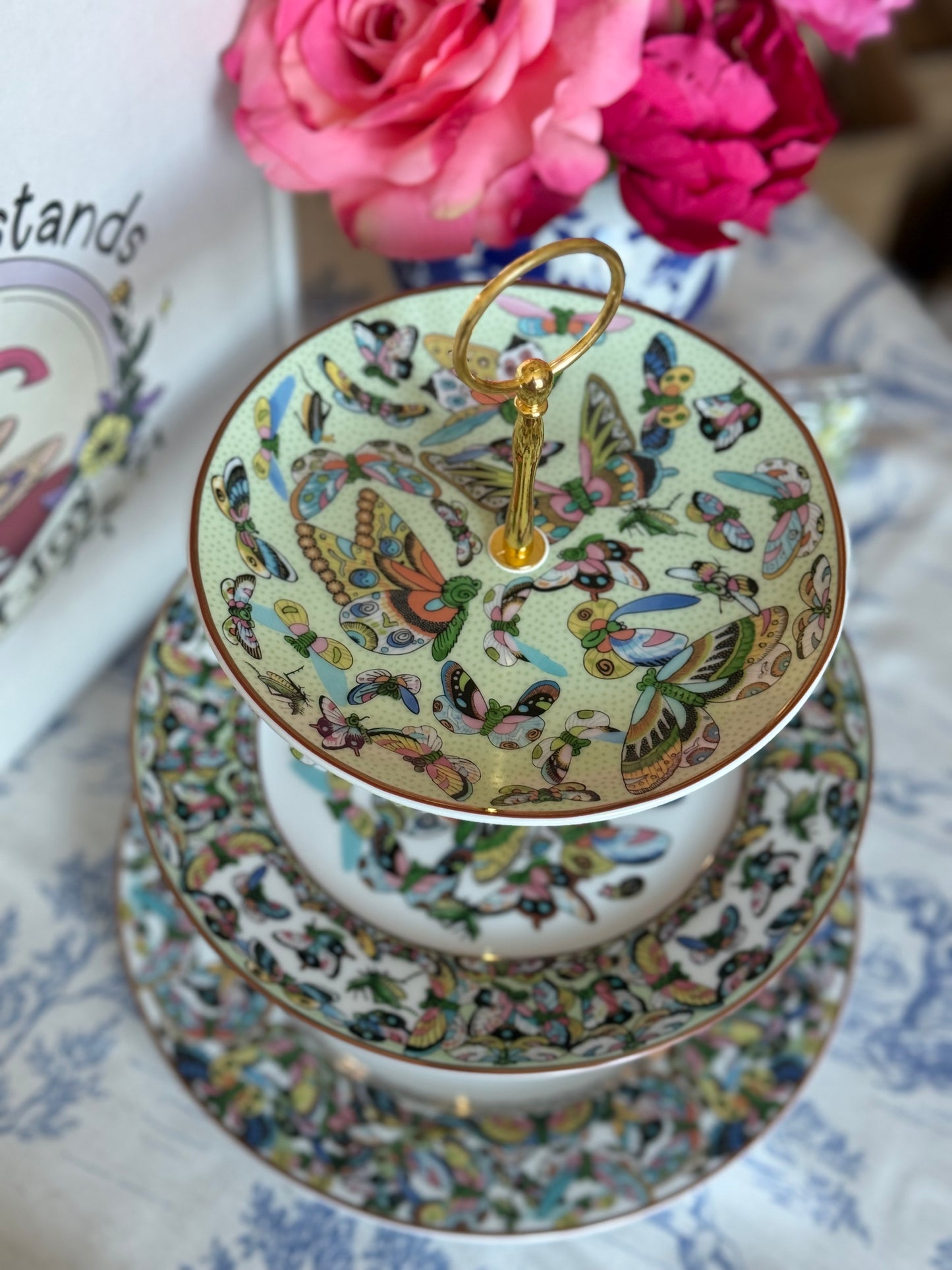 Williams Sonoma Papillon Three-Tiered Stand Inspired by Chinese Export “Thousand Butterflies” Porcelain- Green