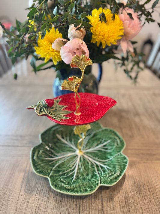 Bordallo Cabbage & Strawberry Leaf Two Tiered Stand – Botanical Fruit-Inspired Decor