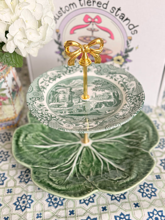 Bordallo Cabbage and Spode Green Italian Two Tiered Stand