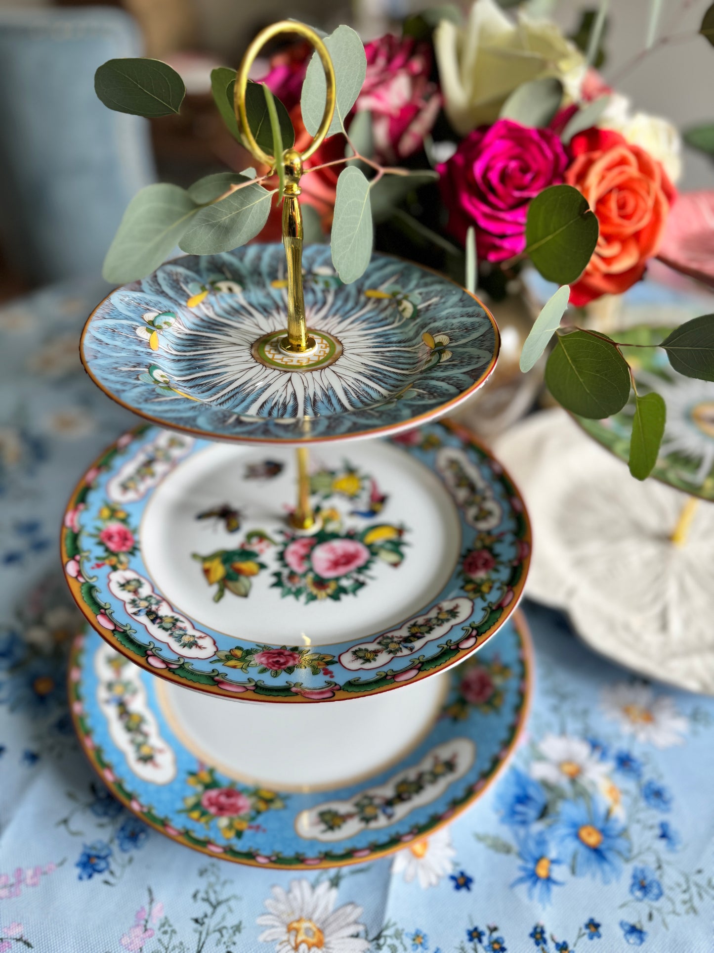 Blue Bok Choy and Williams Sonoma Famille Rose 3-Tier Stand – Elegant Floral Dessert Tower for Entertaining