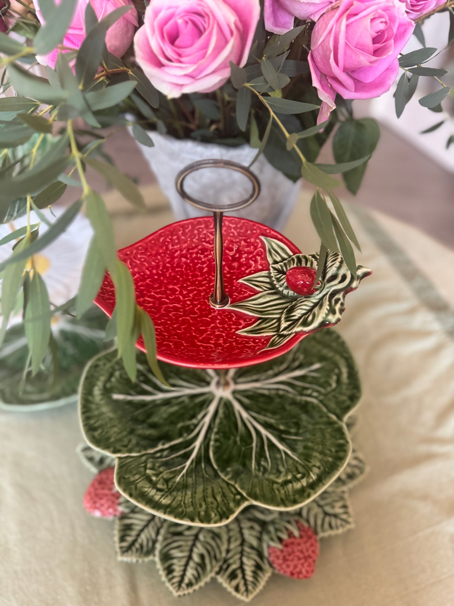Bordallo Strawberry and Cabbage 3-Tier Stand with 13-Inch Base – Handcrafted Serving Tray for Entertaining, Desserts, and Tea Parties