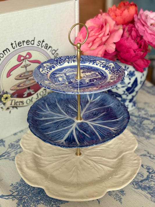 Blue Italian, Blue Cabbage and Beige Bordallo Three Tiered Stand - 12” base